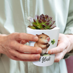 Capybara mit Kleeblatt Blumentopf mit Spruch Viel Glück