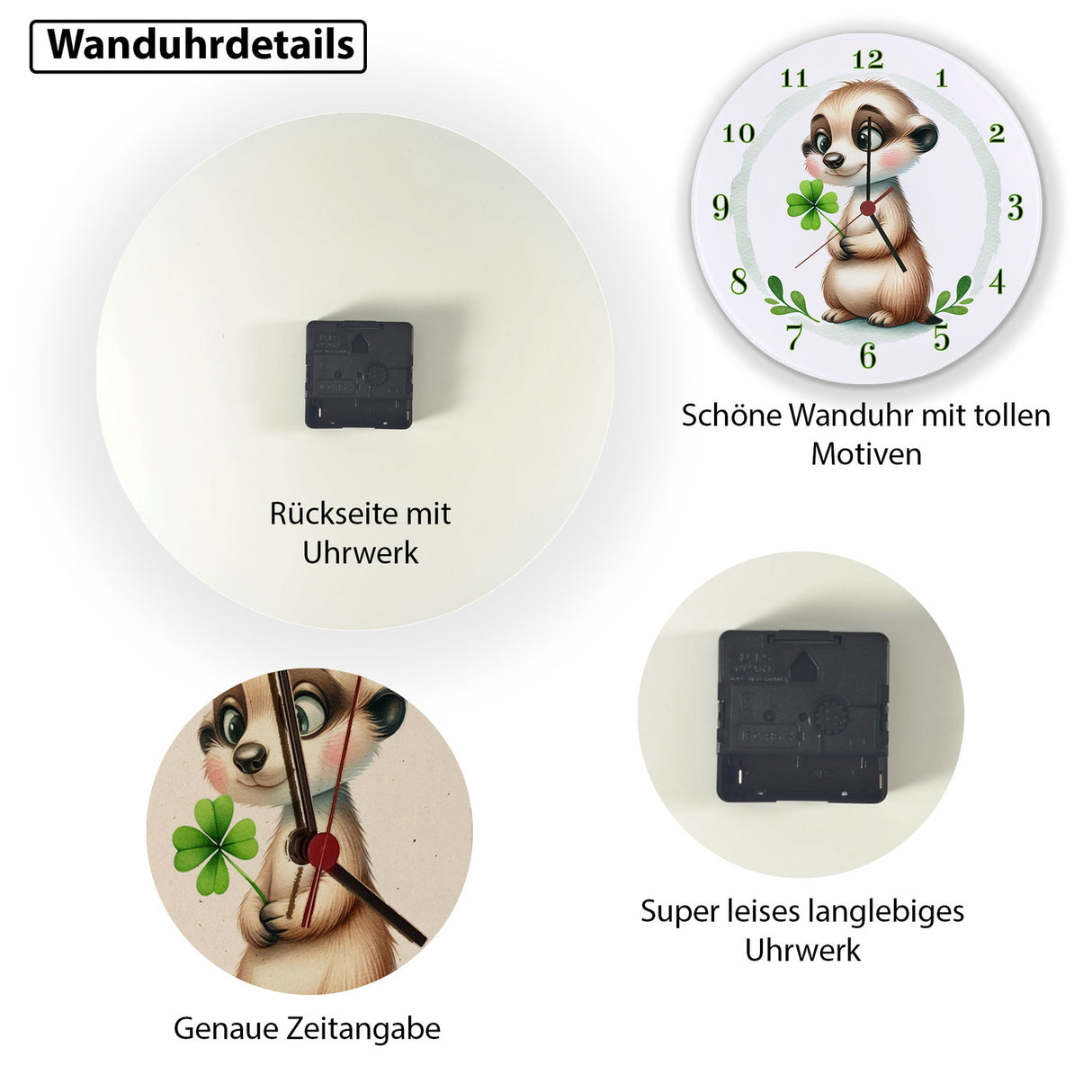 Erdmännchen mit Kleeblatt Wanduhr