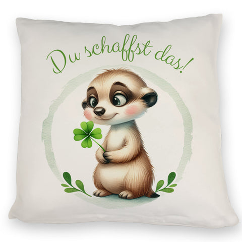 Erdmännchen mit Kleeblatt Kissen mit Spruch Du schaffst das