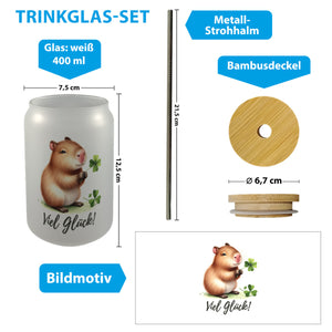 Capybara mit Kleeblatt Trinkglas mit Bambusdeckel mit Spruch Viel Glück