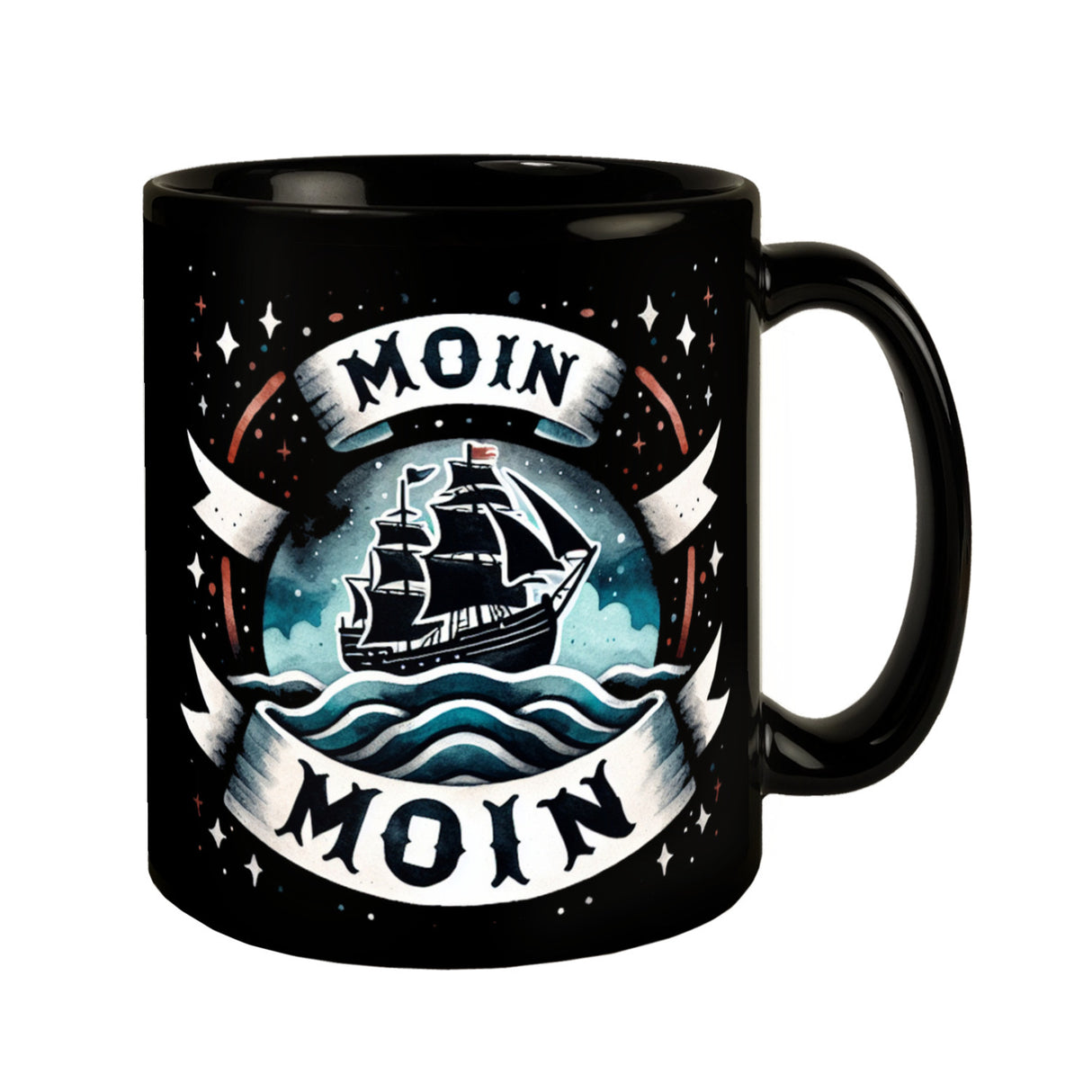Segelschiff Moin Moin Tasse in Schwarz