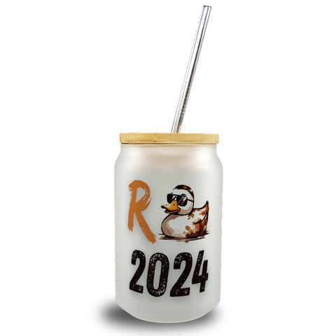 Ente mit Sonnenbrille Trinkglas mit Bambusdeckel mit Spruch Rente 2024