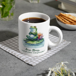 Frosch auf Seerose Kaffeebecher mit Spruch Kein Stress einfach leben und genießen
