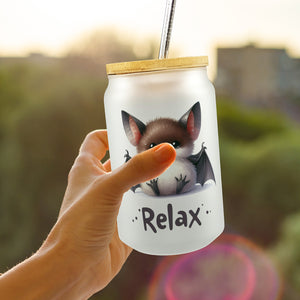 Baby Fledermaus Trinkglas mit Bambusdeckel mit Spruch Relax