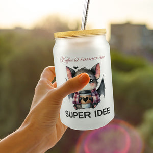 Fledermaus mit Kaffeebecher Trinkglas mit Bambusdeckel mit Spruch Kaffee ist immer eine super Idee