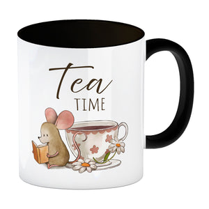 Maus mit Buch Kaffeebecher mit Spruch Tea Time