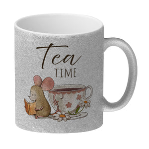 Maus mit Buch Kaffeebecher mit Spruch Tea Time
