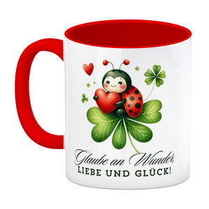 Marienkäfer Kaffeebecher mit Spruch Glaube an Wunder, Liebe und Glück!