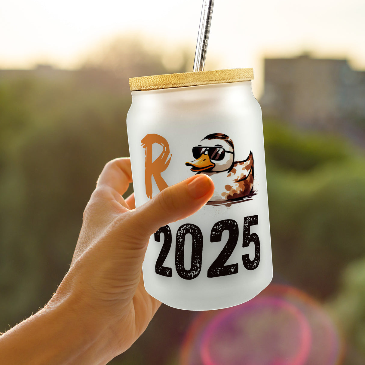 Ente mit Sonnenbrille Trinkglas mit Bambusdeckel mit Spruch Rente 2025