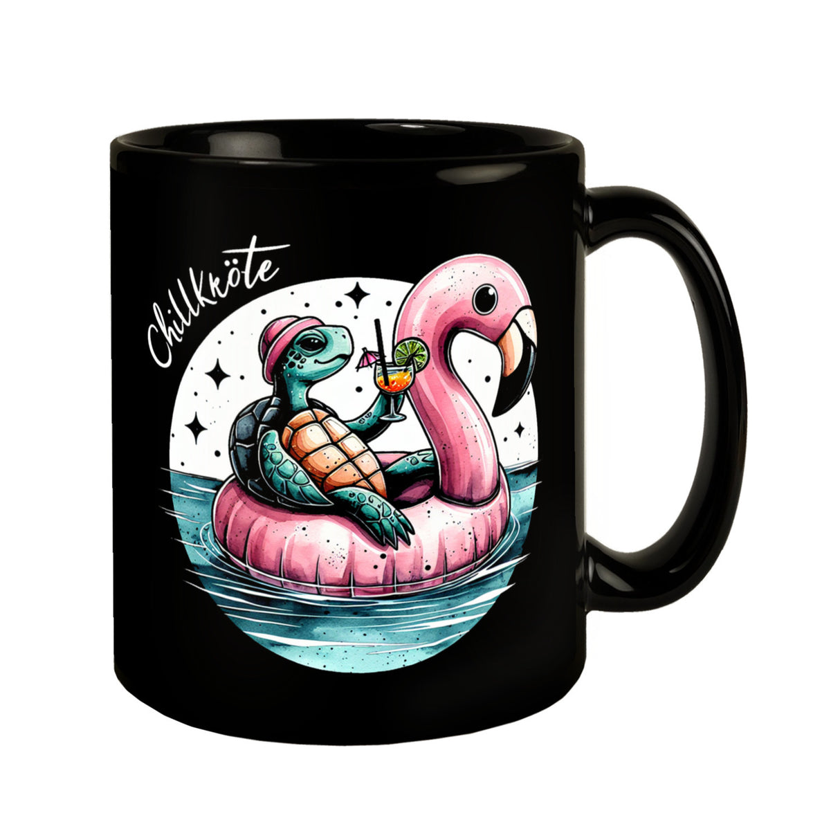 Schildkröte auf Flamingo-Schwimmring Tasse in Schwarz mit Spruch Chillkröte