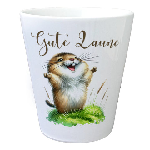 jubelnder Lemming Blumentopf mit Spruch Gute Laune