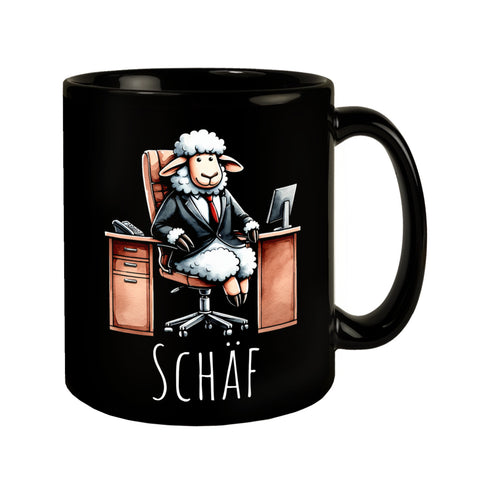 Schaf Chef im Chefsessel Tasse in Schwarz mit Spruch Schäf