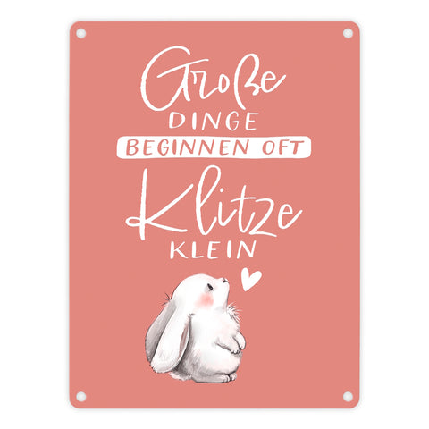 Baby Hase Metallschild in 15x20 cm mit Spruch Große Dinge beginnen oft Klitzeklein