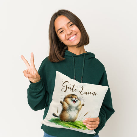 jubelnder Lemming Kissen mit Spruch Gute Laune