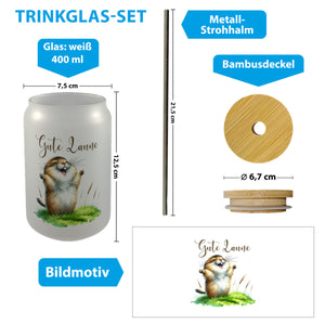 jubelnder Lemming Trinkglas mit Bambusdeckel mit Spruch Gute Laune