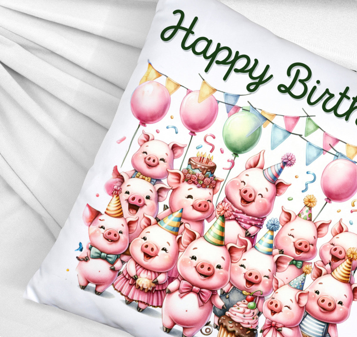 Schweine Party Kissen mit Spruch Happy Birthday