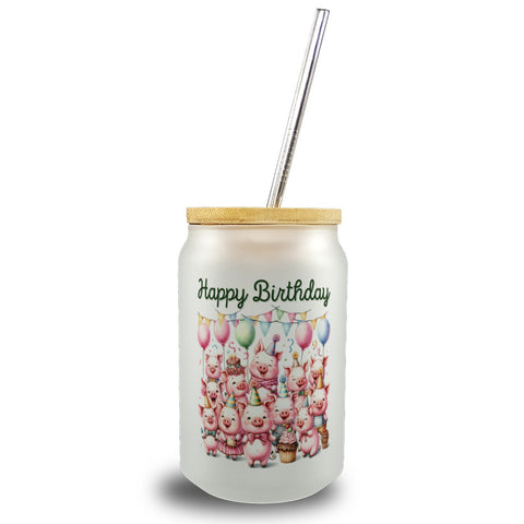 Schweine Party Trinkglas mit Bambusdeckel mit Spruch Happy Birthday