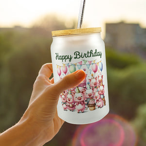 Schweine Party Trinkglas mit Bambusdeckel mit Spruch Happy Birthday