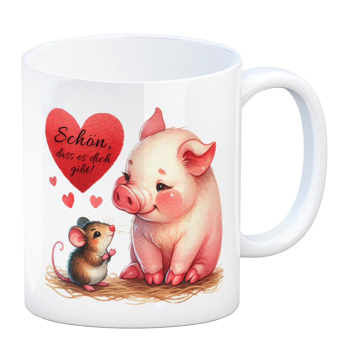 Schwein mit Maus und Herz Kaffeebecher mit Spruch Schön dass es dich gibt