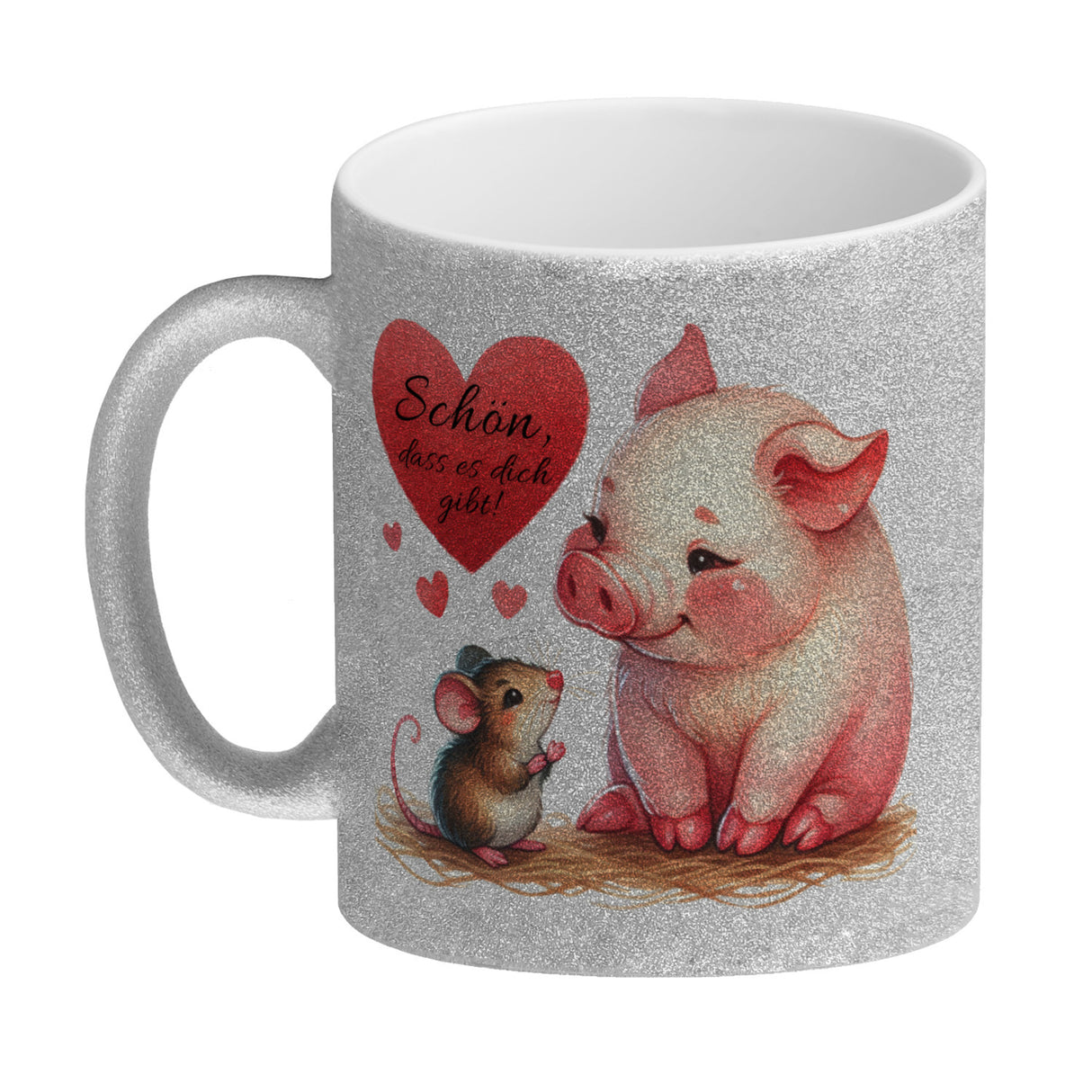 Schwein mit Maus und Herz Kaffeebecher mit Spruch Schön dass es dich gibt