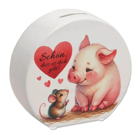 Schwein mit Maus und Herz Spardose mit Spruch Schön dass es dich gibt