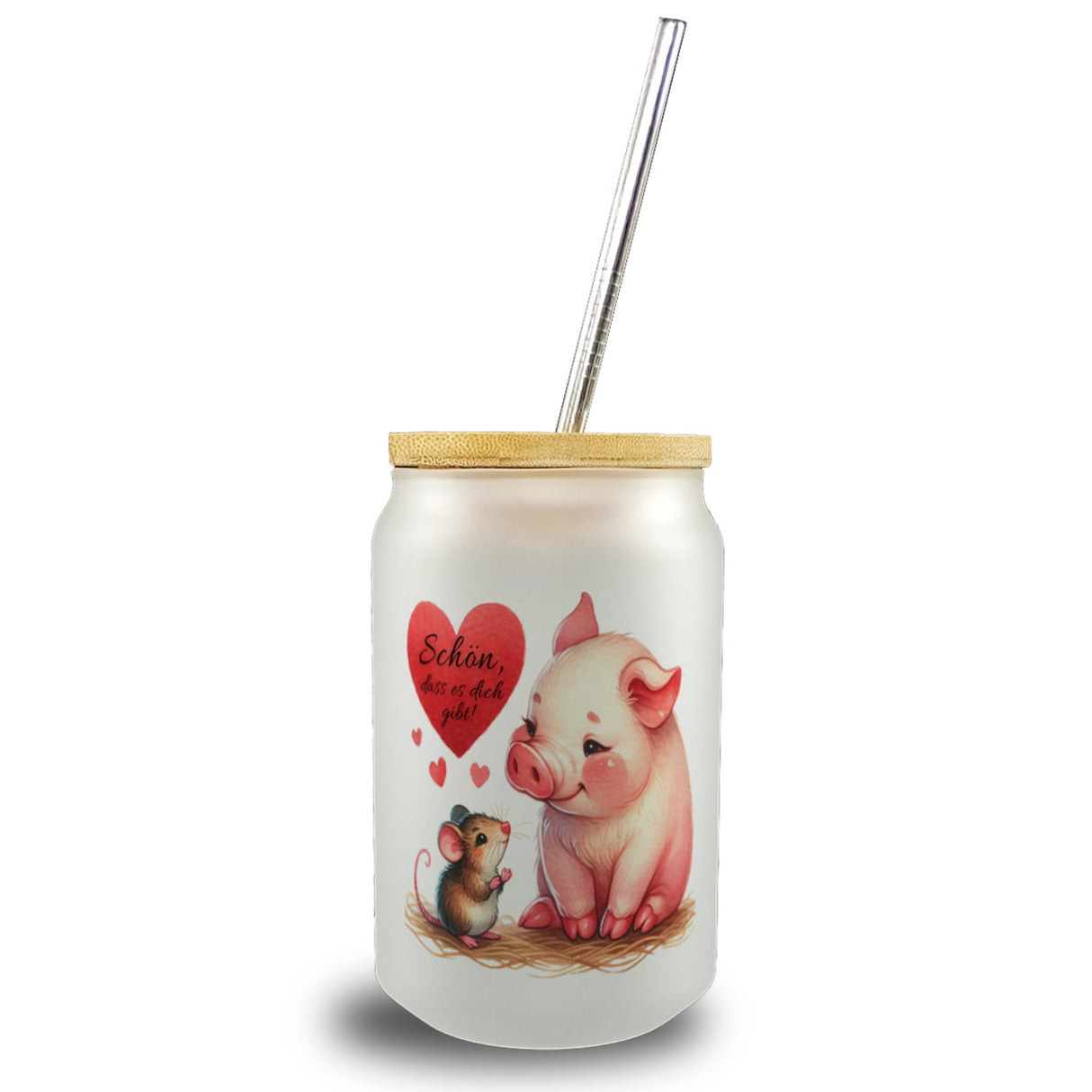 Schwein mit Maus und Herz Trinkglas mit Bambusdeckel mit Spruch Schön dass es dich gibt