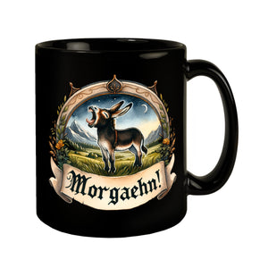 Müder Esel auf der Wiese Tasse in Schwarz mit Spruch Morgaehn!