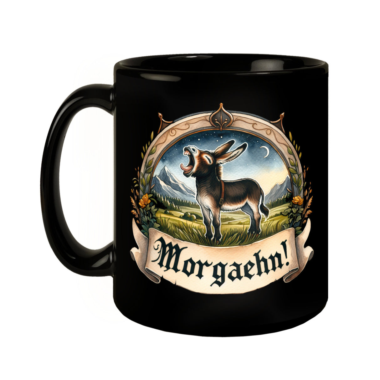 Müder Esel auf der Wiese Tasse in Schwarz mit Spruch Morgaehn!