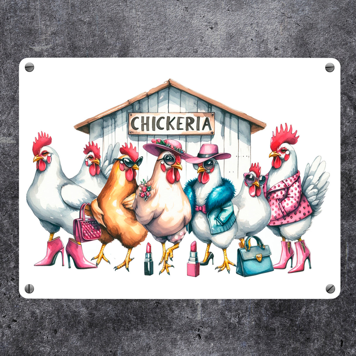 Modische Hühner am Hühnerstall Metallschild in 15x20 cm mit Spruch Chickeria