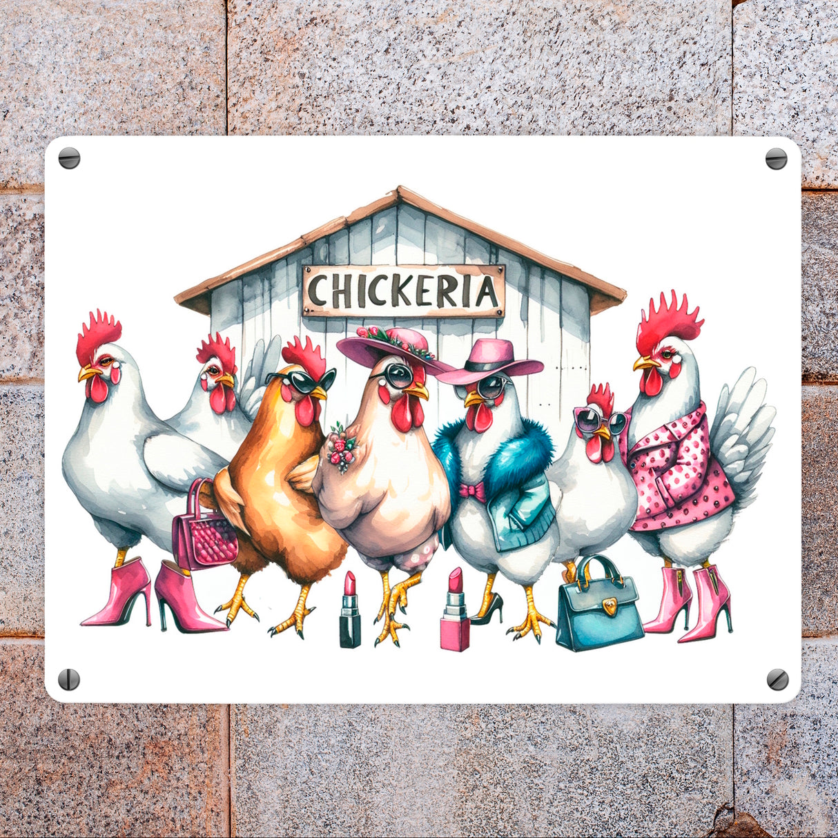 Modische Hühner am Hühnerstall Metallschild in 15x20 cm mit Spruch Chickeria