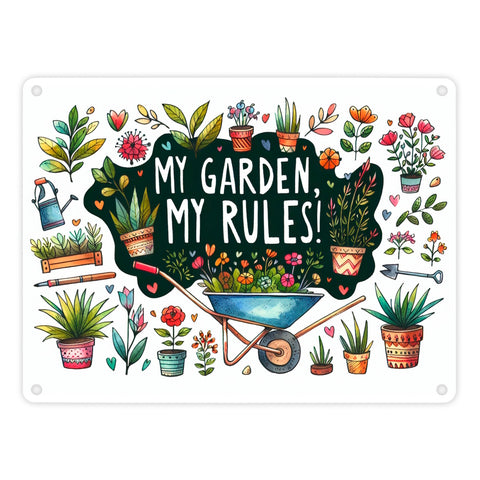 Schubkarre im Garten Metallschild in 15x20 cm mit Spruch My Garden, My Rules!