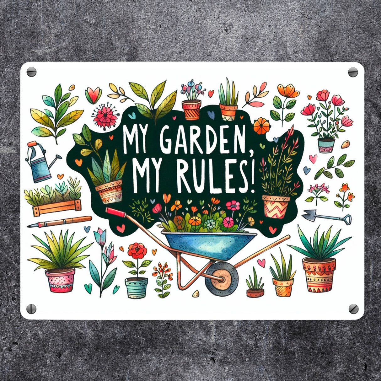 Schubkarre im Garten Metallschild in 15x20 cm mit Spruch My Garden, My Rules!