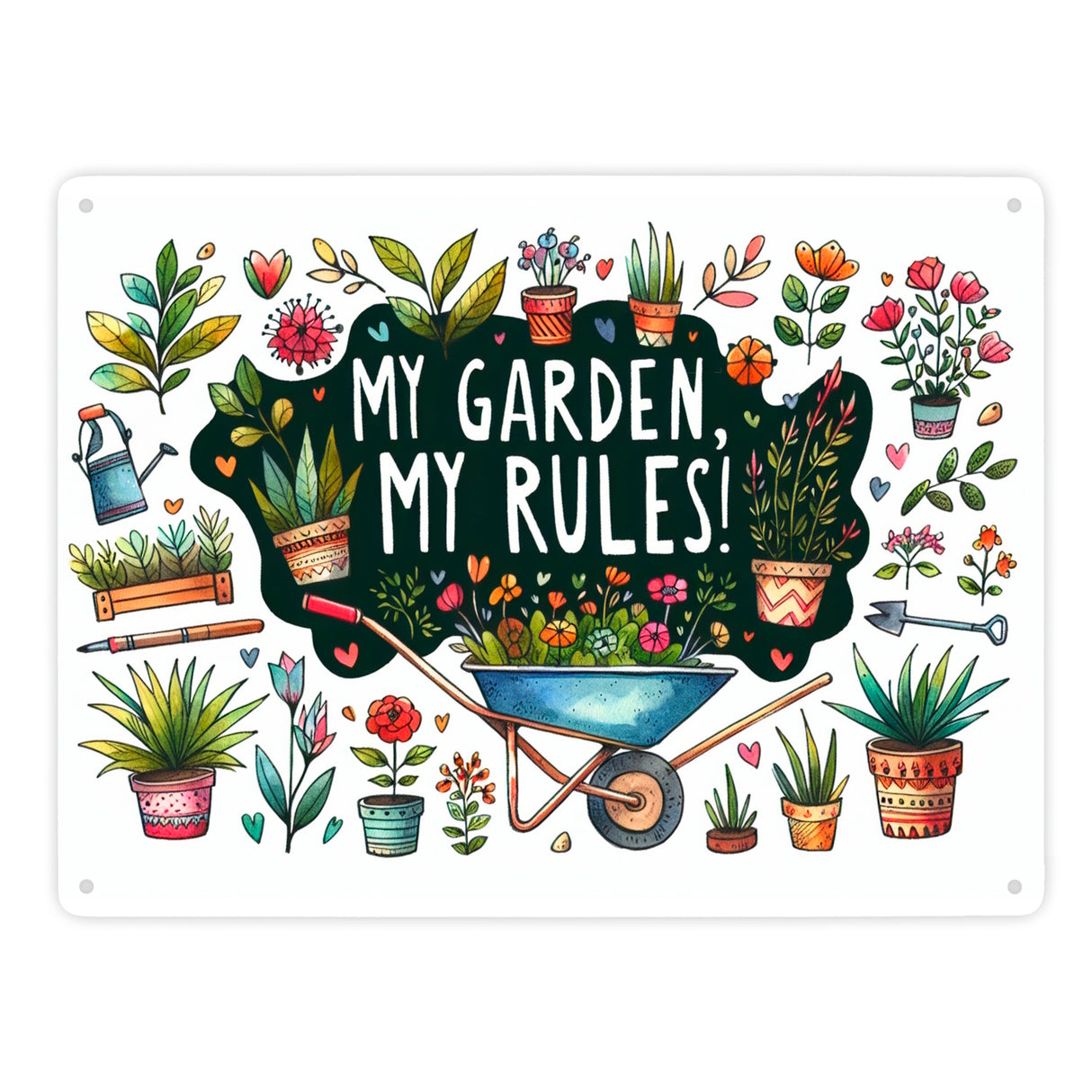 Schubkarre im Garten Metallschild in 15x20 cm mit Spruch My Garden, My Rules!