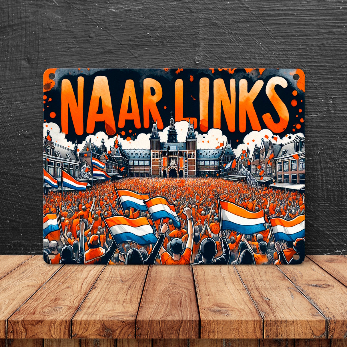 Niederländische Fußballfans Metallschild in 15x20 cm mit Spruch Naar Links
