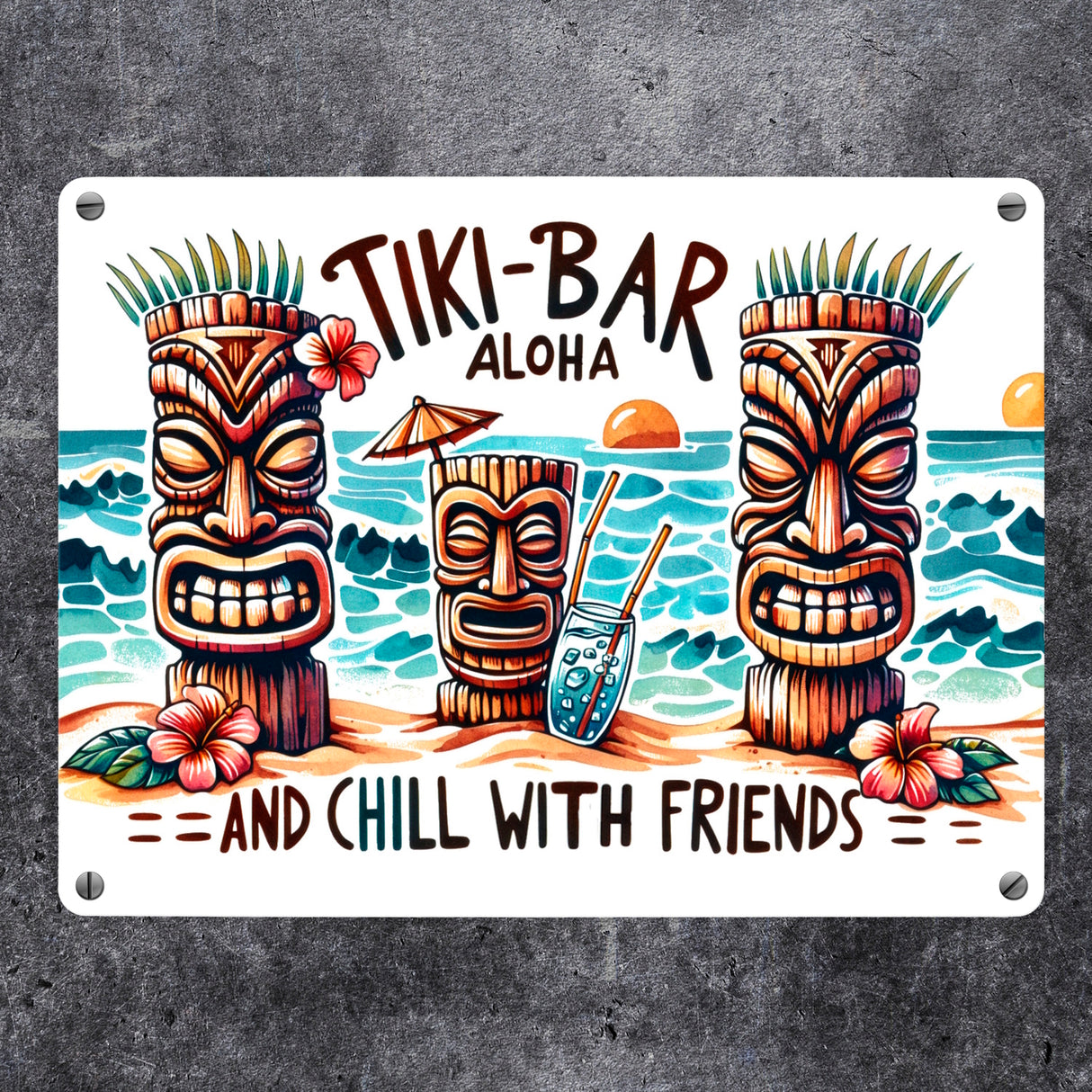 Tiki-Bar Aloha Metallschild in 15x20 cm mit Spruch and chill with friends