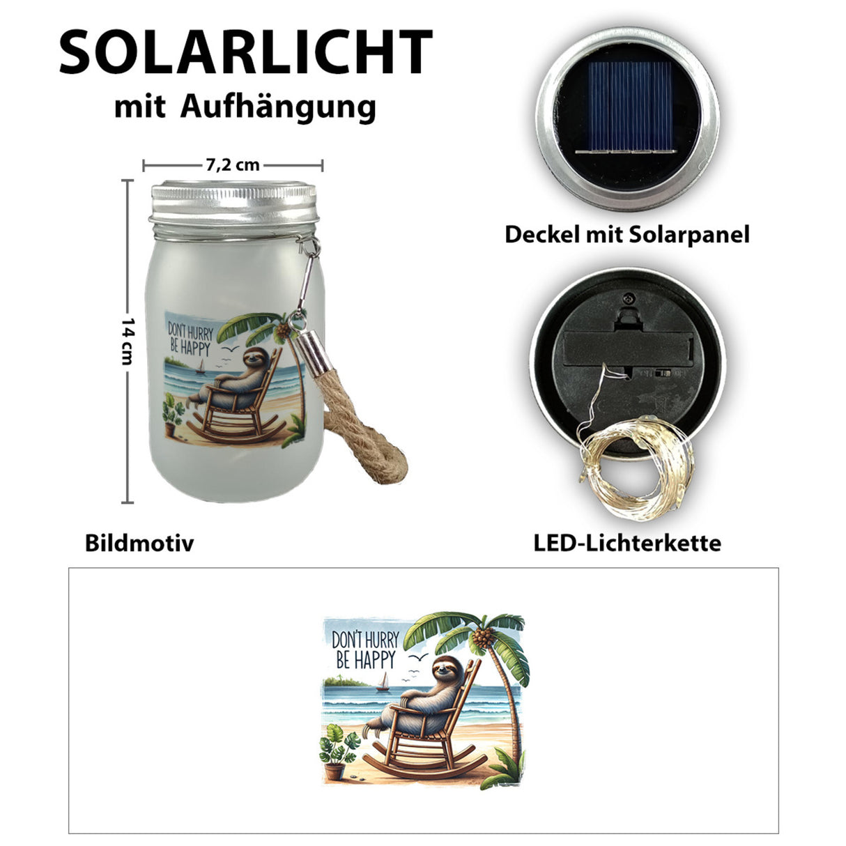 Faultier am Strand Solarlicht mit Spruch Don't hurry - be happy