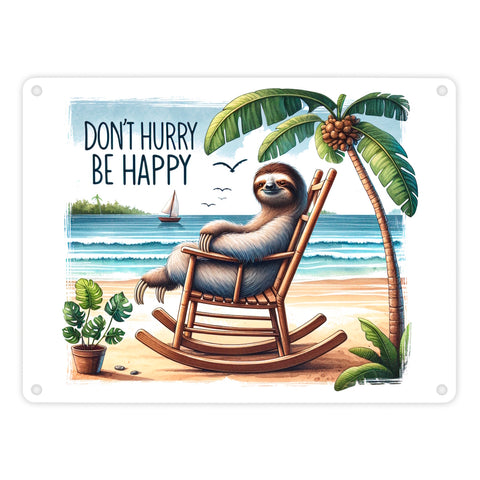 Faultier am Strand Metallschild in 15x20 cm mit Spruch Don't hurry - be happy
