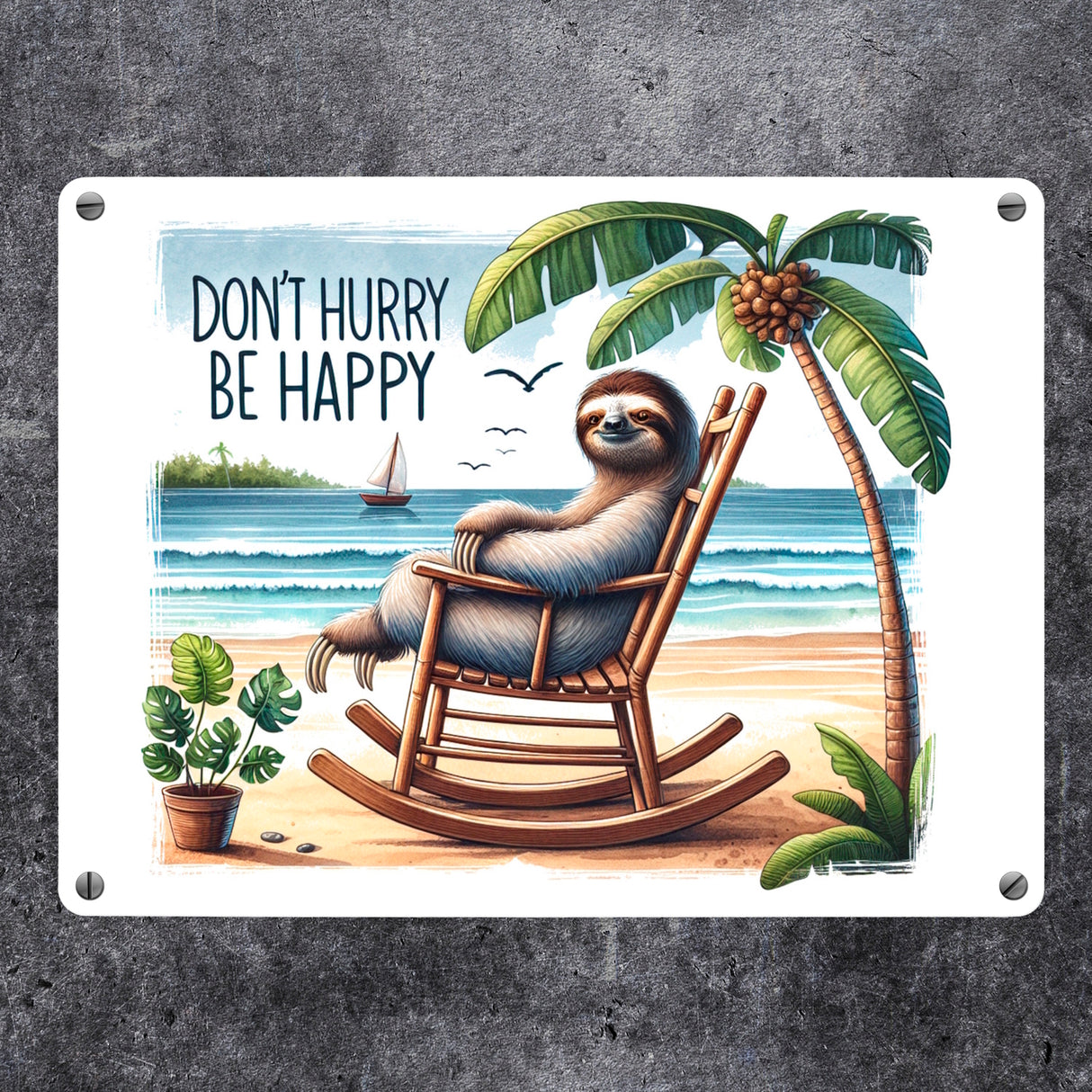 Faultier am Strand Metallschild in 15x20 cm mit Spruch Don't hurry - be happy