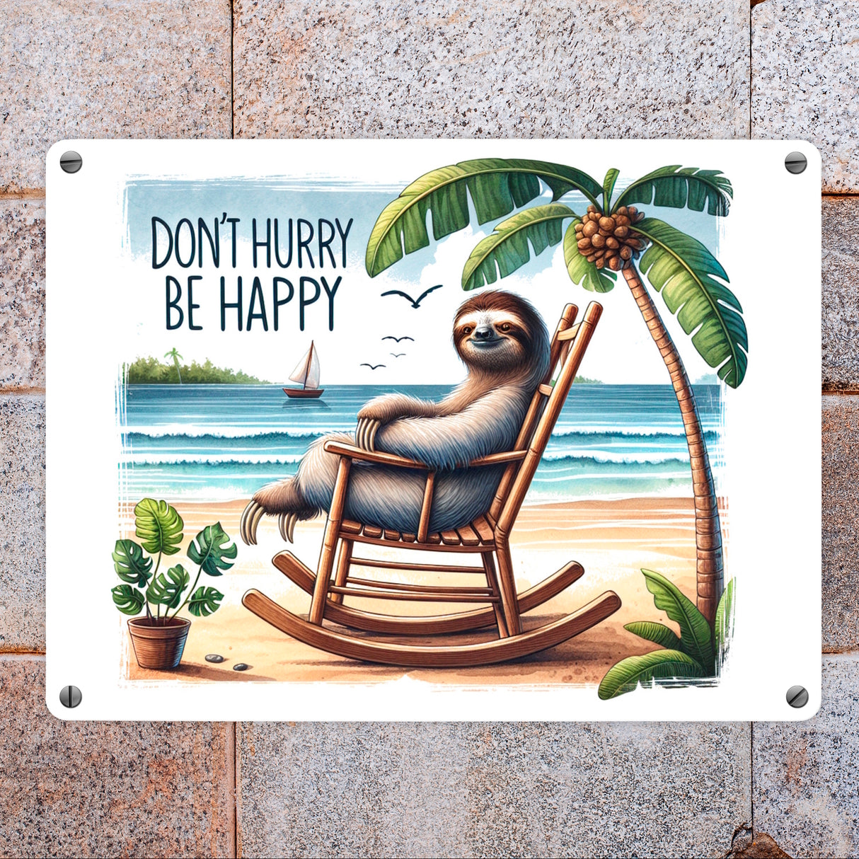 Faultier am Strand Metallschild in 15x20 cm mit Spruch Don't hurry - be happy
