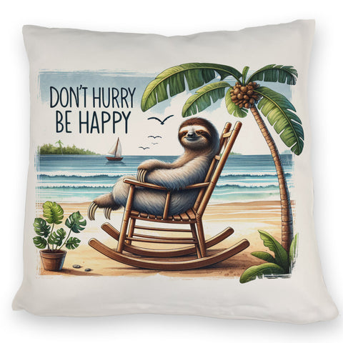 Faultier am Strand Kissen mit Spruch Don't hurry - be happy