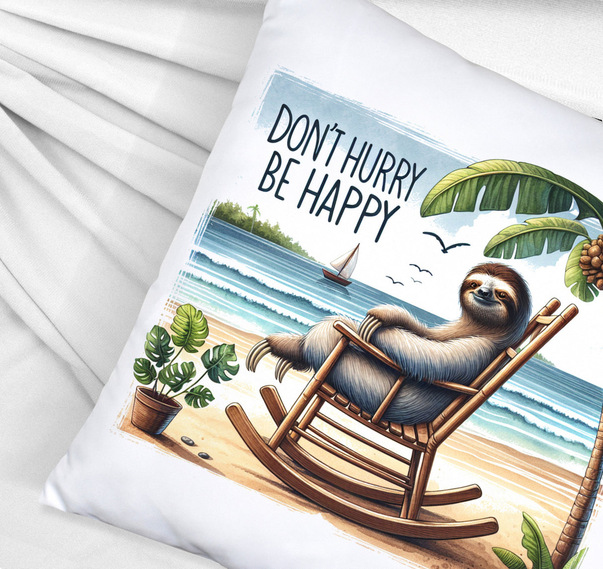 Faultier am Strand Kissen mit Spruch Don't hurry - be happy