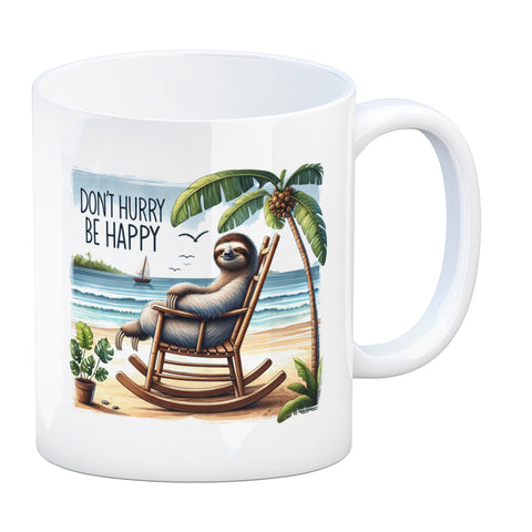 Faultier am Strand Kaffeebecher mit Spruch Don't hurry - be happy
