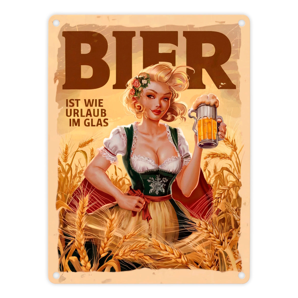 Frau im Dirndl - Bier ist wie Urlaub Metallschild in 15x20 cm