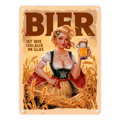 Frau im Dirndl - Bier ist wie Urlaub Metallschild in 15x20 cm