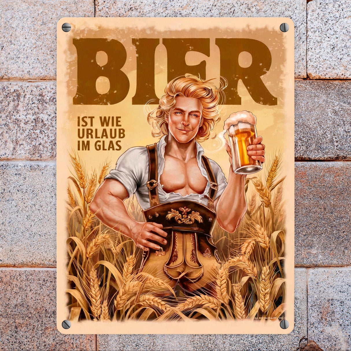 Blonder Mann mit Bier - Urlaub im Glas Metallschild in 15x20 cm
