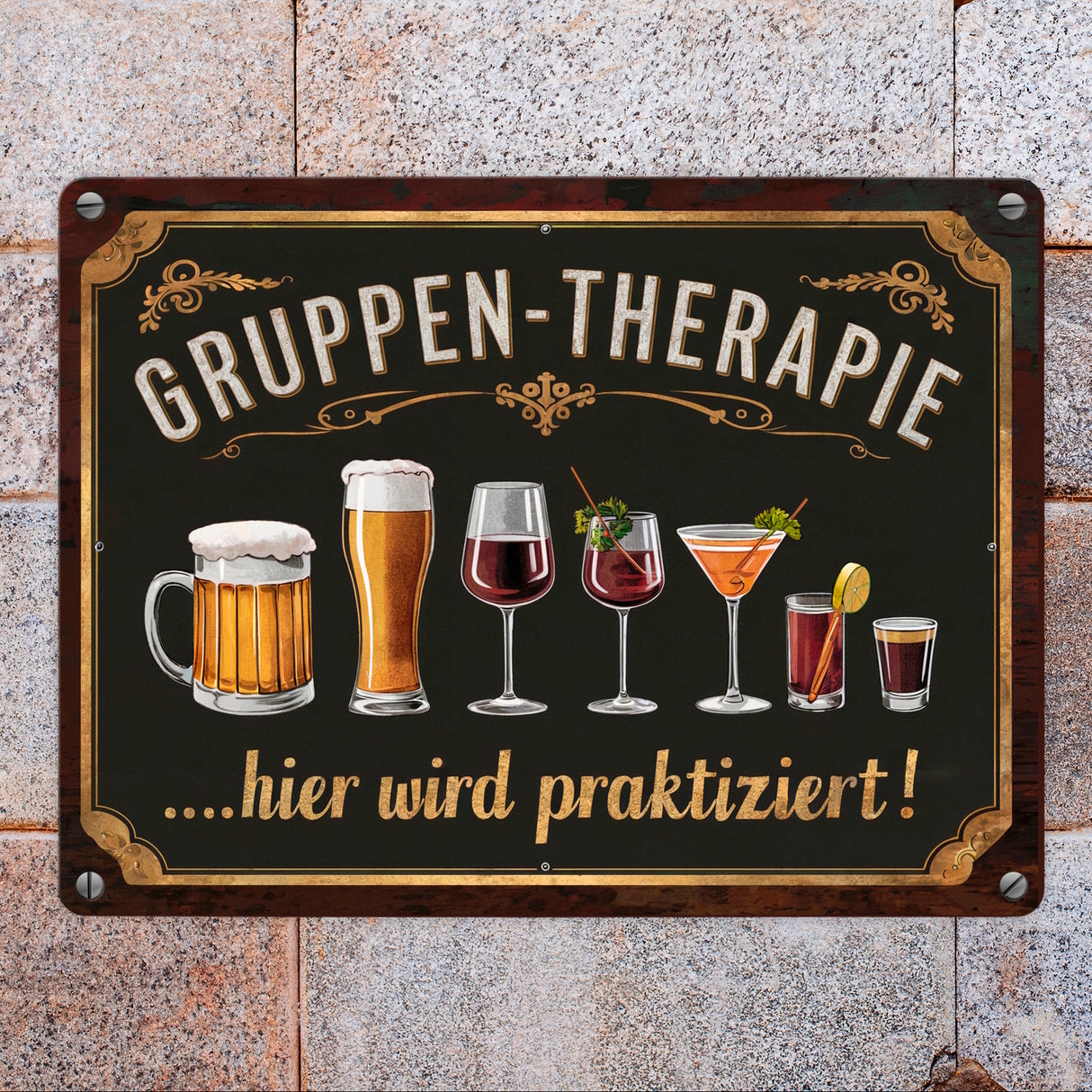 Gruppen-Therapie Alkohol Metallschild in 15x20 cm - Hier praktiziert