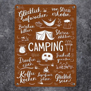 Camping Metallschild in 15x20 cm mit Spruch Glücklich sein, Freiheit genießen, Sterne zählen
