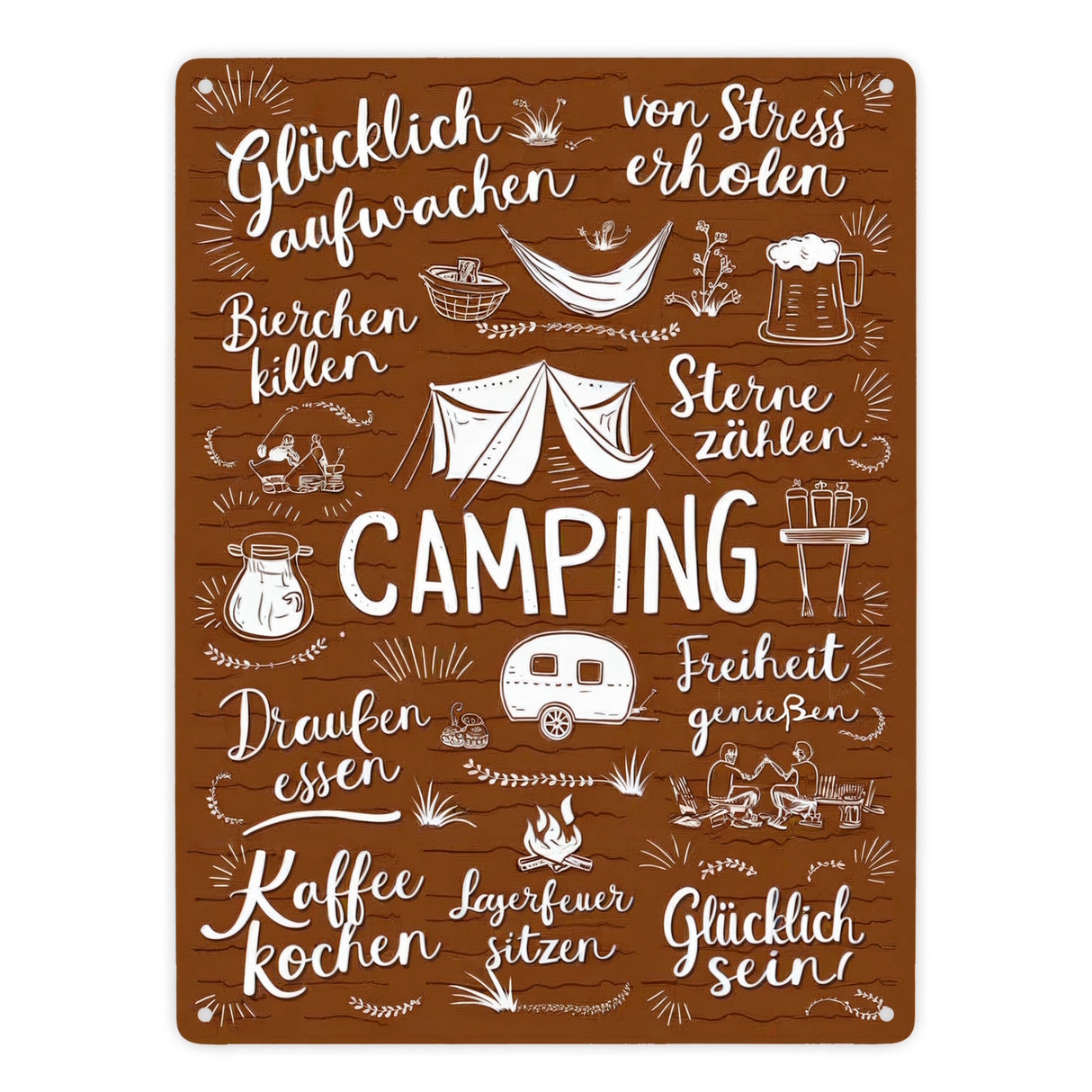 Camping Metallschild in 15x20 cm mit Spruch Glücklich sein, Freiheit genießen, Sterne zählen