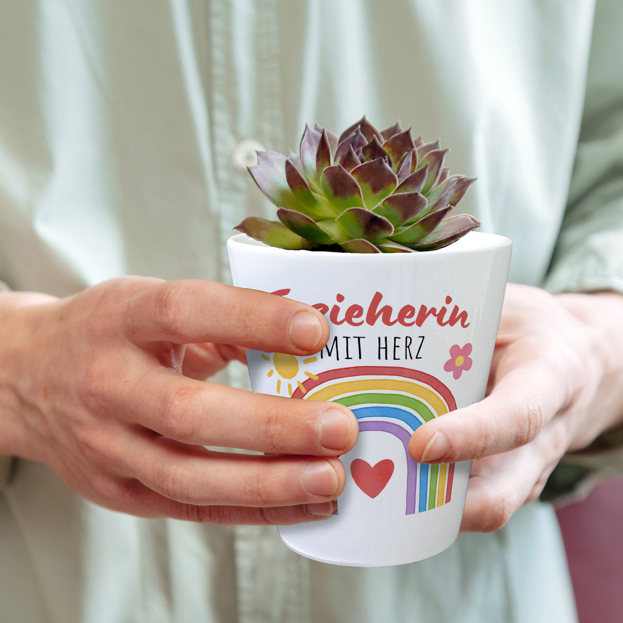 Regenbogen Blumentopf mit Spruch Erzieherin mit Herz