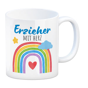 Regenbogen Kaffeebecher mit Spruch Erzieher mit Herz